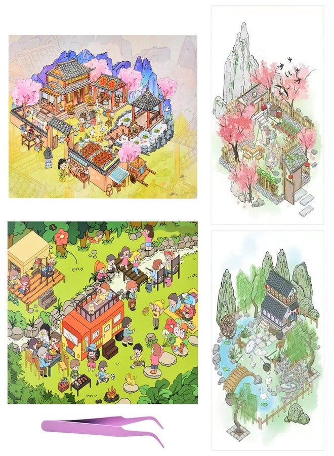 HOMICO 4 Sets Vintage 3D Sticker Scene 3D House Stickers with Tweezers Vintage Mountain Courtyard Natural Scenes Make Your Own House Miniature Scene Stickers - Image 1